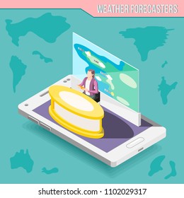 Meteorologist Presenter With Weather Map On Mobile Device Screen Isometric Composition On Turquoise Background Vector Illustration