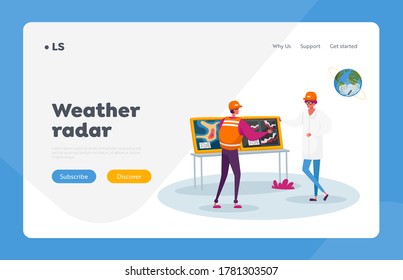 Meteorologist Presenting Weather Information Landing Page Template. Character Report Meteorological Parameters at Screen with Meteorology Map Forecasting Weather. Cartoon People Vector Illustration