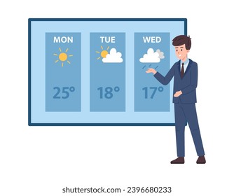 Meteorólogo profesional que estudia y predice el tiempo o crea pronósticos meteorológicos. Clima y clima, ilustración plana vectorial aislada en fondo blanco.