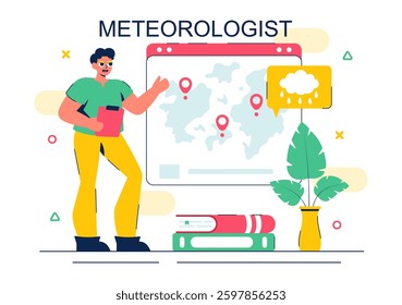 Meteorologist Vector Illustration featuring a Weather Forecaster Analyzing Atmospheric Precipitation Maps and Weather Patterns in a Flat Background