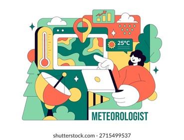 Meteorólogo Ilustración vectorial con un pronosticador de Clima que analiza mapas de precipitación atmosférica y patrones de Clima en un fondo plano