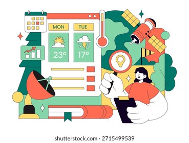 Meteorólogo Ilustración vectorial con un pronosticador de Clima que analiza mapas de precipitación atmosférica y patrones de Clima en un fondo plano