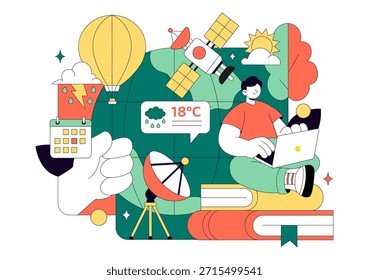 Meteorólogo Ilustración vectorial con un pronosticador de Clima que analiza mapas de precipitación atmosférica y patrones de Clima en un fondo plano