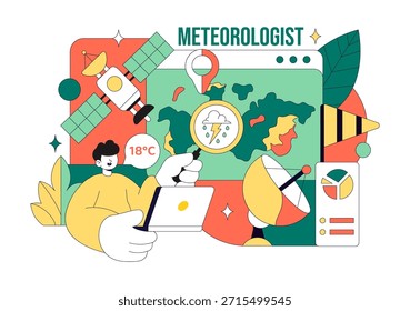 Meteorólogo Ilustración vectorial con un pronosticador de Clima que analiza mapas de precipitación atmosférica y patrones de Clima en un fondo plano
