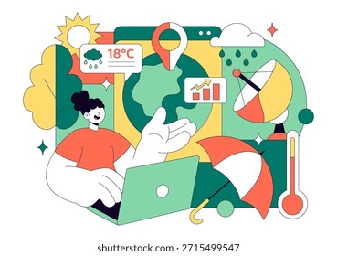 Meteorólogo Ilustración vectorial con un pronosticador de Clima que analiza mapas de precipitación atmosférica y patrones de Clima en un fondo plano