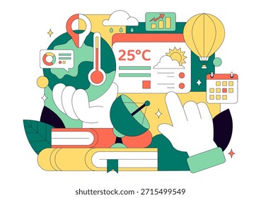 Meteorólogo Ilustración vectorial con un pronosticador de Clima que analiza mapas de precipitación atmosférica y patrones de Clima en un fondo plano