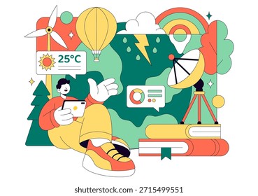 Meteorólogo Ilustración vectorial con un pronosticador de Clima que analiza mapas de precipitación atmosférica y patrones de Clima en un fondo plano