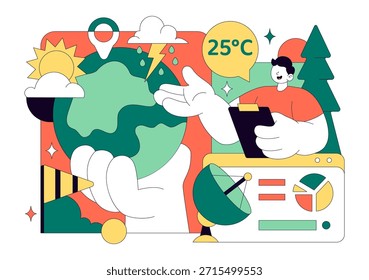 Meteorólogo Ilustración vectorial con un pronosticador de Clima que analiza mapas de precipitación atmosférica y patrones de Clima en un fondo plano