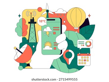 Meteorólogo Ilustración vectorial con un pronosticador de Clima que analiza mapas de precipitación atmosférica y patrones de Clima en un fondo plano
