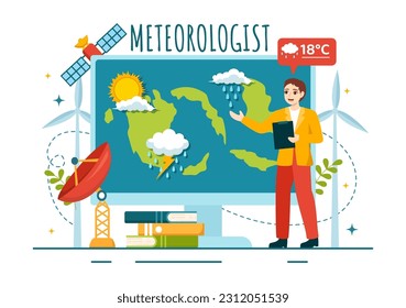 Meteorologist Vector Illustration with Weather Forecast and Atmospheric Precipitation Map in Flat Cartoon Hand Drawn Landing Page Templates