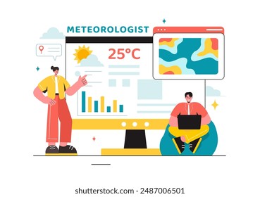 Meteorologist Vector Illustration with Weather Forecast and Atmospheric Precipitation Map in a Flat Style Cartoon Background Design