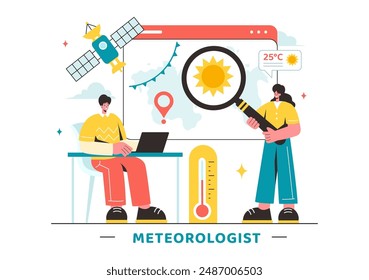 Meteorologist Vector Illustration with Weather Forecast and Atmospheric Precipitation Map in a Flat Style Cartoon Background Design