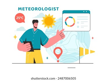 Meteorologist Vector Illustration with Weather Forecast and Atmospheric Precipitation Map in a Flat Style Cartoon Background Design