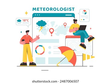 Ilustración vectorial meteorológica con pronóstico de Clima y mapa de precipitación atmosférica en un diseño de fondo de dibujos animados de estilo plano