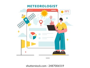 Ilustración vectorial meteorológica con pronóstico de Clima y mapa de precipitación atmosférica en un diseño de fondo de dibujos animados de estilo plano