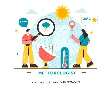 Ilustración vectorial meteorológica con pronóstico de Clima y mapa de precipitación atmosférica en un diseño de fondo de dibujos animados de estilo plano