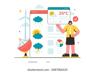 Meteorologist Vector Illustration with Weather Forecast and Atmospheric Precipitation Map in a Flat Style Cartoon Background Design