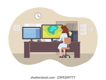 Meteorologist watching weather radar at computer screen at desk. Woman observing weather forecast changing at display. Flat vector illustration on abstract background.