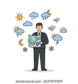 Meteorologist with Weather Symbols White Background Climate Science Forecasting Expert
