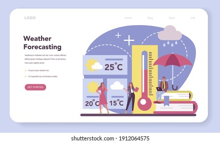 Meteorologist Web Banner Or Landing Page. Weather Forecaster Studying And Researching Weather And Climate Condition. Meteorology Science. Isolated Vector Illustration