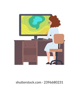 Meteorologist woman studying weather prediction on computer. Weather forecaster researching weather and climate condition. Meteorology science. Isolated vector illustration