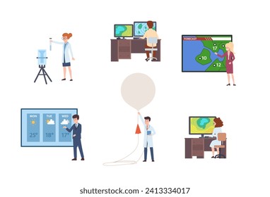 Meteorologist at work concept set. Scientists observing, collecting data and forecast weather. Presenters making report about weather. Flat vector illustrations collection.