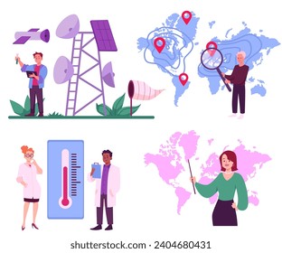 Meteorologists scientists and professionals characters who use scientific data to predict and forecast the weather, flat vector illustration isolated on white background.