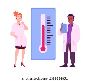 Meteorologists scientists and specialists from weather station predict and forecast the weather, flat cartoon vector illustration isolated on white background.