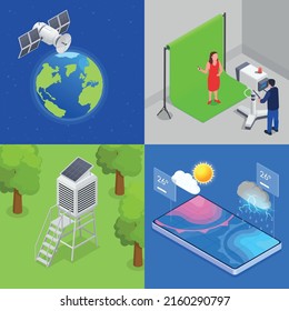 Meteorology 2x2 isometric set with tv and online weather forecast meteorological station satellite isolated 3d vector illustration