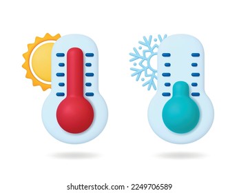 Termómetro 3d de meteorología, control del grado meteorológico. Día de calor y frío, señales de alta temperatura con sol y copo de nieve, elementos vectores pitos