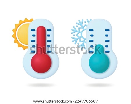 Meteorology 3d thermometer, control weather degree. Heat and cold day, high low temperature signs with sun and snowflake, pithy vector elements