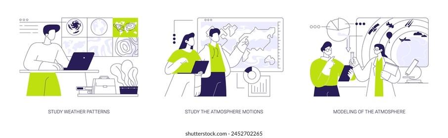 Meteorology abstract concept vector illustration set. Study weather patterns and atmosphere motions, modeling of the atmosphere, weather forecast, environmental meteorologist abstract metaphor.