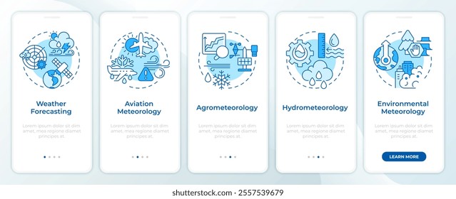 Meteorology application blue onboarding mobile app screen. Science walkthrough 5 steps editable graphic instructions with linear concepts. UI, UX, GUI template
