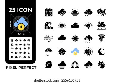 Meteorology black glyph icons set on white space. Weather forecast symbols. Precipitations, temperature and wind icons. Silhouette symbols. Solid pictogram pack. Vector isolated illustration