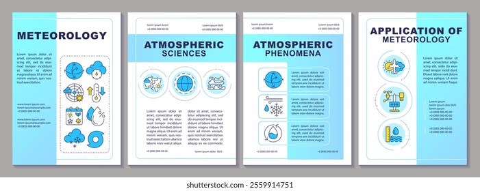 Meteorology blue brochure template. Atmospheric science researching. Weather patterns analysis. Leaflet design with linear icons. Editable 4 vector layouts