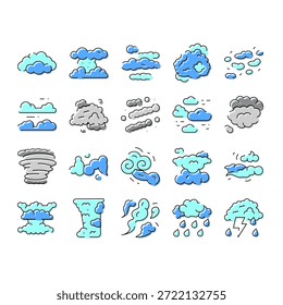 Colección de iconos de tipos de nubes de meteorología que ilustra diferentes condiciones atmosféricas, incluidas varias formaciones de nubes, Elementos de lluvia, relámpagos, vientos y tormentas para aplicaciones de Clima