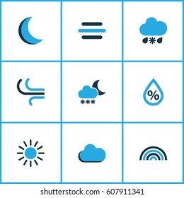 Meteorology Colored Icons Set. Collection Of Fog, Blizzard, Wind And Other Elements. Also Includes Symbols Such As Variegation, Moonlight, Rainbow.