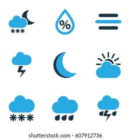 Meteorology Colored Icons Set. Collection Of Thunderstorm, Night, Snowfall And Other Elements. Also Includes Symbols Such As Snowfall, Forecast, Lightning.
