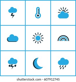 Meteorology Colored Icons Set. Collection Of Arc, Thermometer, Fog And Other Elements. Also Includes Symbols Such As Moon, Sun, Summer.