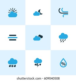 Meteorology Colored Icons Set. Collection Of Humidity, Cold Weather, Cloudy Sky And Other Elements. Also Includes Symbols Such As Weather, Moonshine, Drizzle.