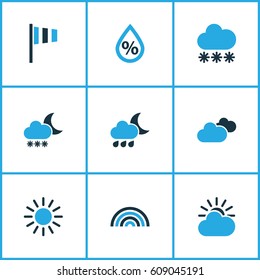 Meteorology Colored Icons Set. Collection Of Blizzard, Overcast, Arc And Other Elements. Also Includes Symbols Such As Overcast, Percent, Snowfall.