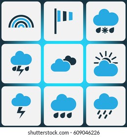 Meteorology Colored Icons Set. Collection Of Cold Weather, Arc, Thunderstorm And Other Elements. Also Includes Symbols Such As Sun, Forecast, Arc.