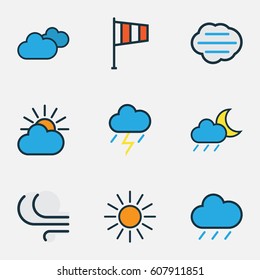 Meteorology Colored Outlines Set. Collection Of Thunderstroke, Tempest, Sunshine And Other Elements. Also Includes Symbols Such As Tempest, Raindrop, Hail.