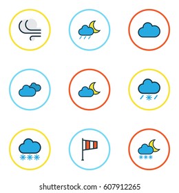 Meteorology Colored Outlines Set. Collection Of Lunar, Tornado, Cloudy Day And Other Elements. Also Includes Symbols Such As Snow, Snowing, Rain.