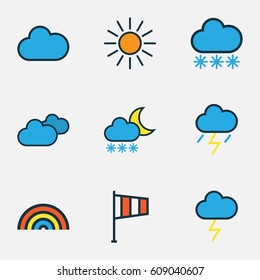 Meteorology Colored Outlines Set. Collection Of Overcast Weather, Cloudburst, Cloudy Day And Other Elements. Also Includes Symbols Such As Cloudy, Overcast, Vane.