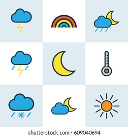 Meteorology Colored Outlines Set. Collection Of Lunar, Moonbeam, Rainbow And Other Elements. Also Includes Symbols Such As Sunshine, Cloud, Thermometer.