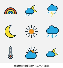 Meteorology Colored Outlines Set. Collection Of Sunshine, Rainbow, Tornado And Other Elements. Also Includes Symbols Such As Rainbow, Thunderstroke, Solar.