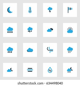 Meteorology Colorful Icons Set. Collection Of Overcast, Breeze, Cloudy Sky And Other Elements. Also Includes Symbols Such As Cloud, Moonlight, Snow.