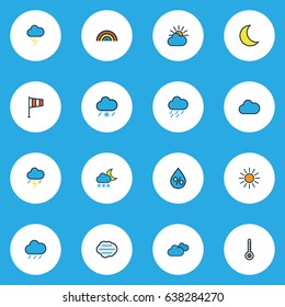 Meteorology Colorful Outline Icons Set. Collection Of Tornado, Overcast Weather, Hail And Other Elements. Also Includes Symbols Such As Nimbus, Flag, Solar.