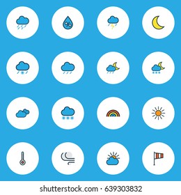 Meteorology Colorful Outline Icons Set. Collection Of Thunderstroke, Lunar, Windy And Other Elements. Also Includes Symbols Such As Sunlight, Hazy, Snow.